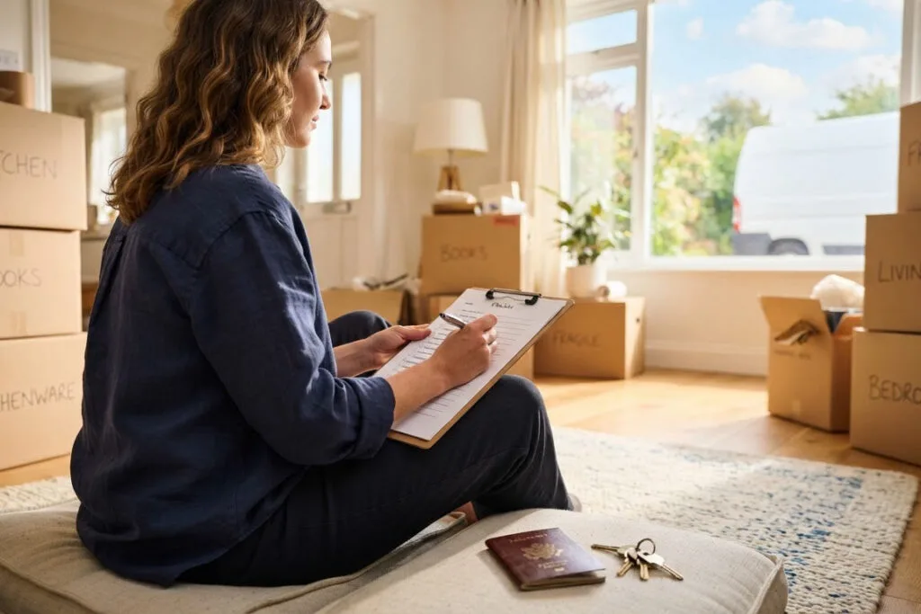 Verhuizen naar het buitenland checklist: vrouw vinkt de lijst af tussen ingepakte dozen