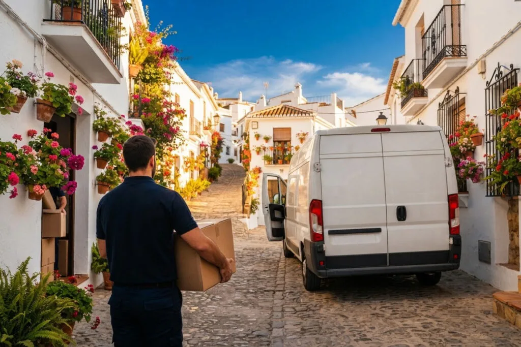 Emigreren naar Spanje: verhuiswagen in een straat van een wit Andalusisch dorp