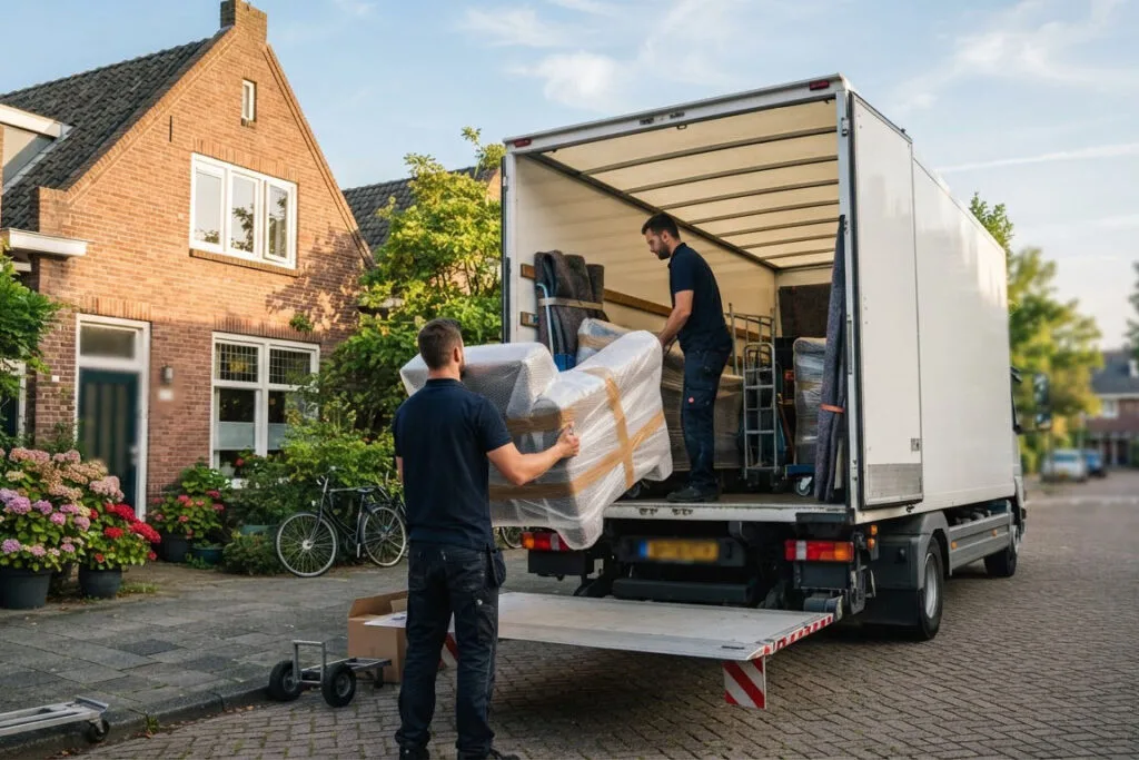 Verhuizers laden ingepakte meubels voor de rit van Nederland naar Spanje