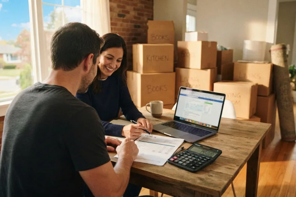 Couple reviewing international moving costs on a printed quote with a calculator and laptop