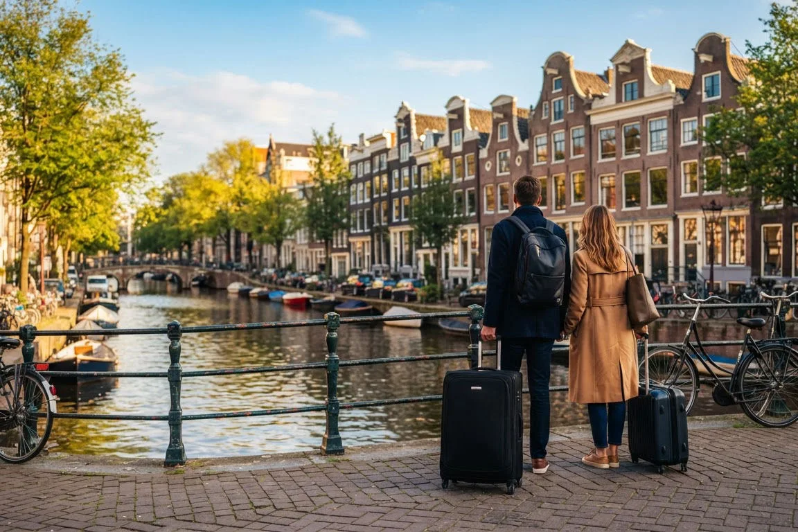 Moving to the Netherlands: couple with suitcases outside a Dutch canal house