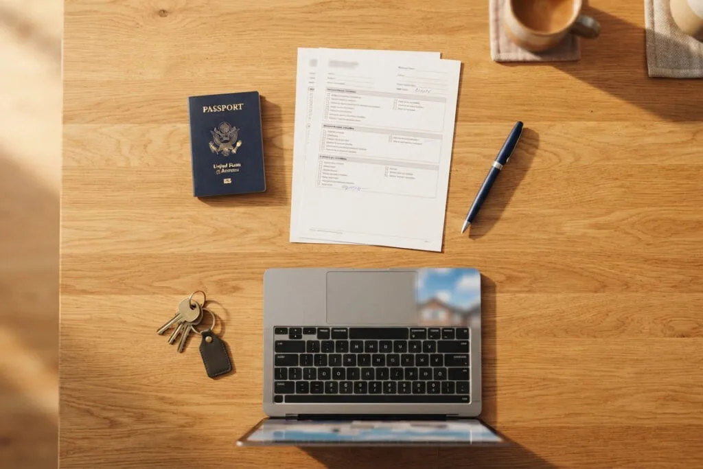 Paspoort, formulieren en laptop klaar voor het uitschrijven bij de gemeente